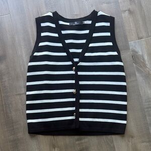 Women’s Black and White Striped Sleeveless Cardigan - medium